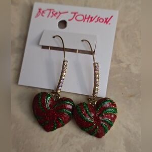 Betsey Johnson Gold-Tone, Red & Green Peppermint Candy Heart Drop Earrings! NWT!